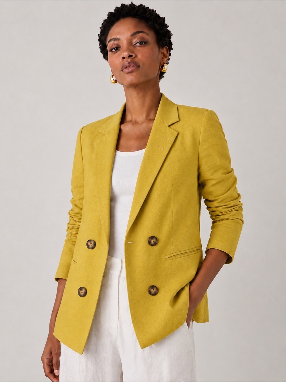 Halston Women’s Linen Blend Double Breasted Yellow Mustard Blazer Size M*